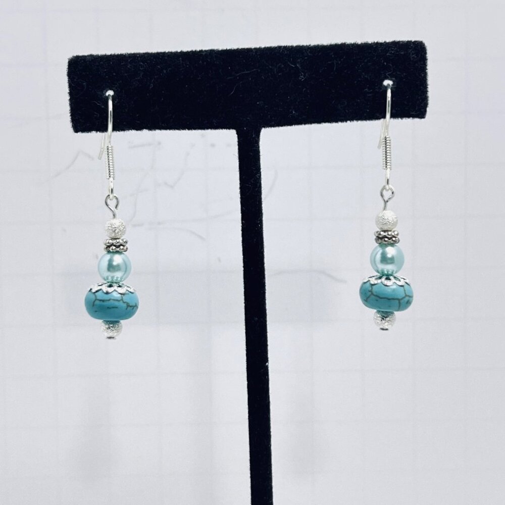 Silver Plated, Faux Turquoise & Faux Pearl Pierced Dangle Earrings (5719-1-2)